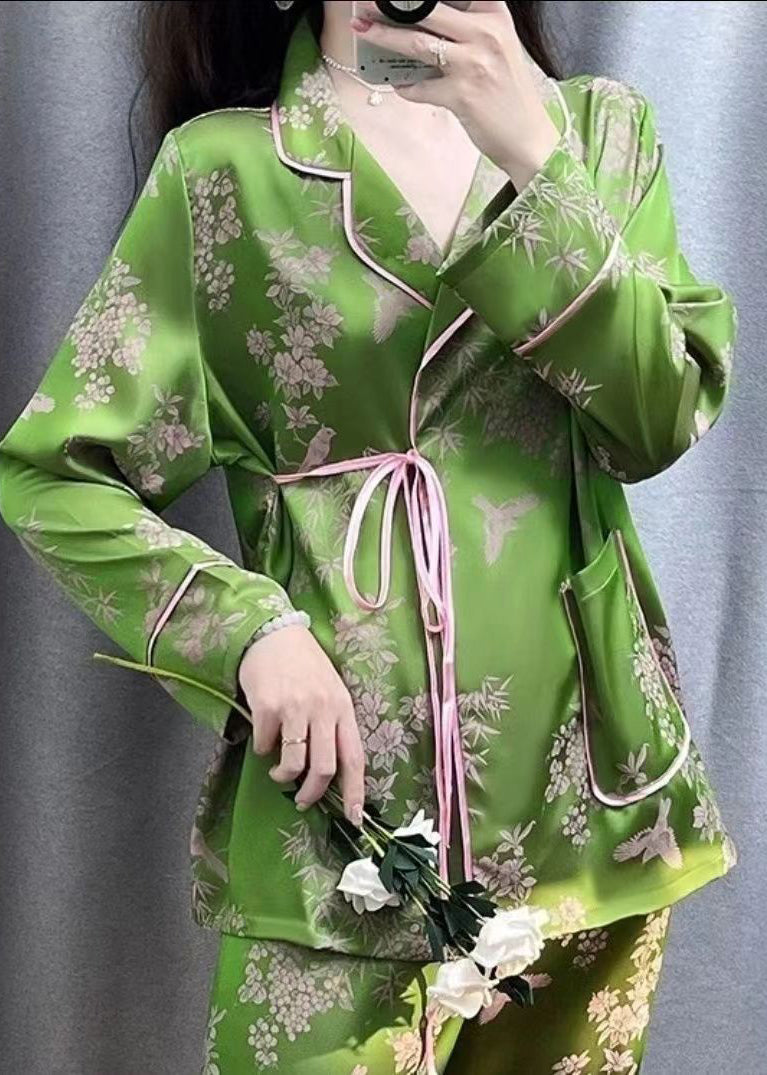 Fitted Green Peter Pan Collar Print Ice Silk Two Pieces Set Spring XS1026 Ada Fashion