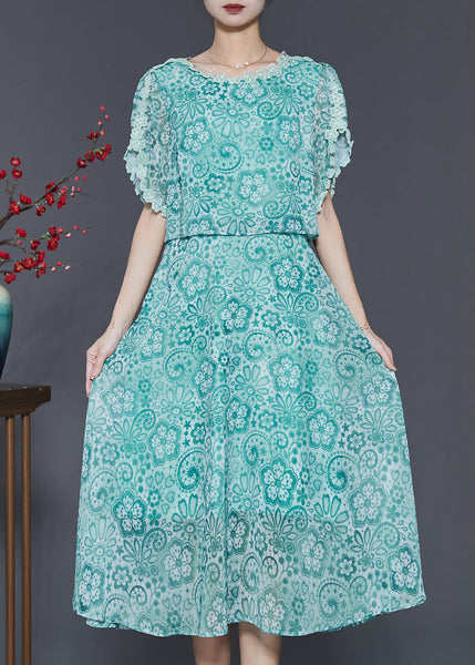 Fitted Green Print Patchwork Chiffon Dresses Summer SD1026 Ada Fashion