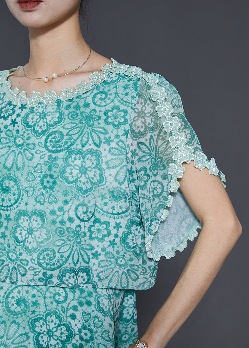Fitted Green Print Patchwork Chiffon Dresses Summer SD1026 Ada Fashion