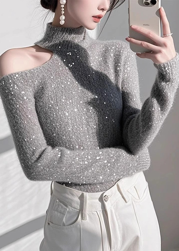 Fitted Grey Cold Shoulder Sequins Knit Sweaters Spring TN041 ABC
