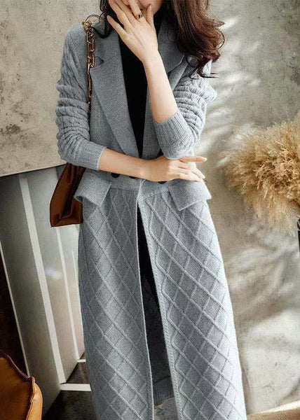 Fitted Grey Notched Thick Wool Knit Maxi Coat Winter RP004 ABC