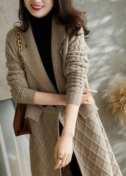 Fitted Grey Notched Thick Wool Knit Maxi Coat Winter RP004 ABC