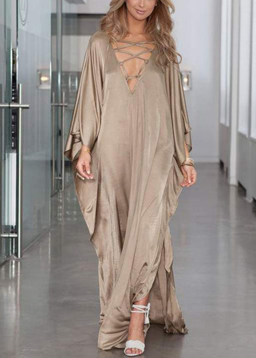 Dress Silk Open Holiday Khaki Oversized Fitted Side Batwing FashionChic