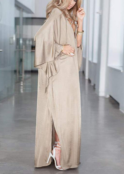Dress Silk Open Holiday Khaki Oversized Fitted Side Batwing FashionChic