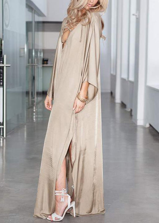 Dress Silk Open Holiday Khaki Oversized Fitted Side Batwing FashionChic