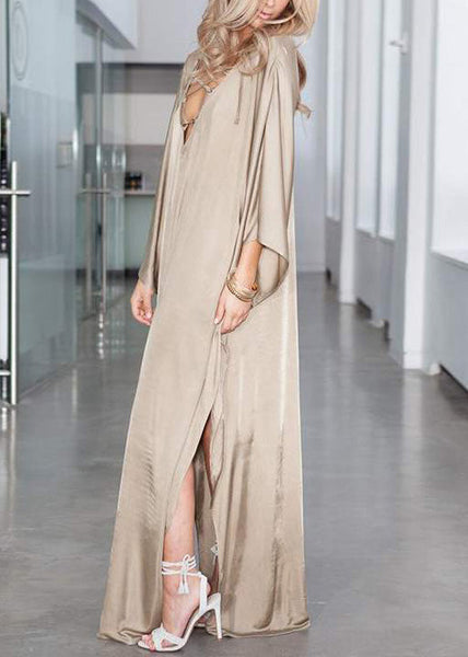 Dress Silk Open Holiday Khaki Oversized Fitted Side Batwing FashionChic