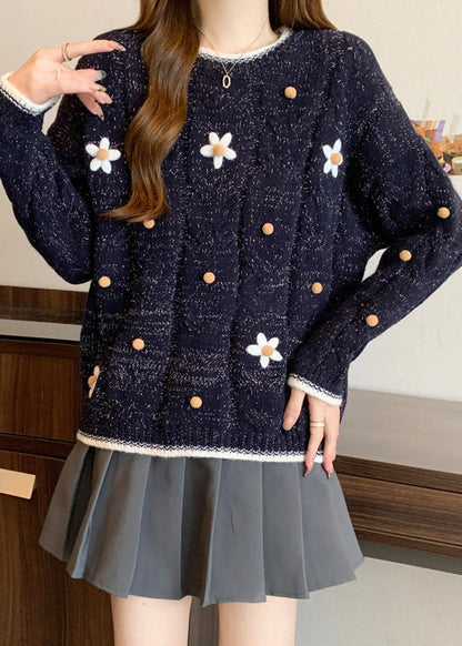 Fitted Navy O-Neck Embroidered Knit Short Sweater Winter RG022 ABC