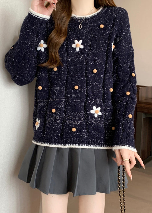 Fitted Navy O-Neck Embroidered Knit Short Sweater Winter RG022 ABC