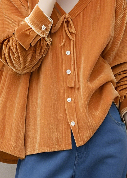 Fitted Orange V Neck Lace Up Silk Velour Shirt Fall WN012 ABC
