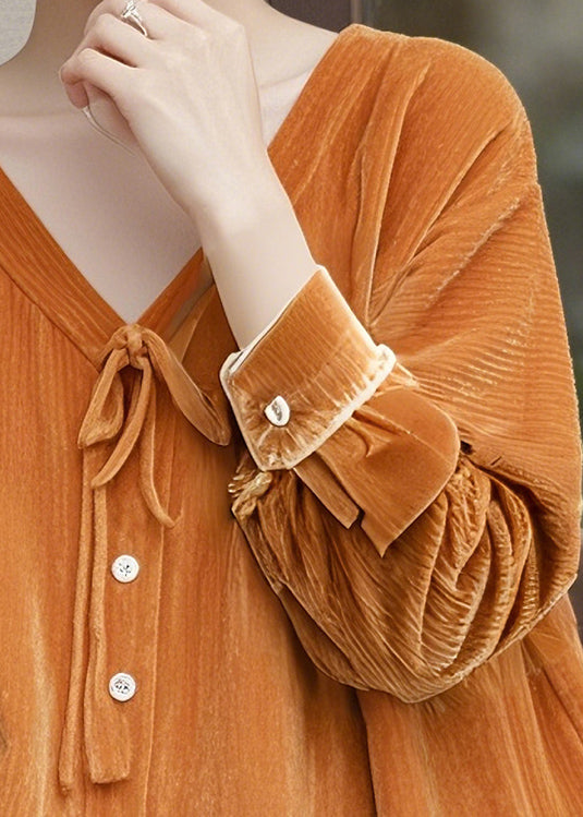 Fitted Orange V Neck Lace Up Silk Velour Shirt Fall WN012 ABC