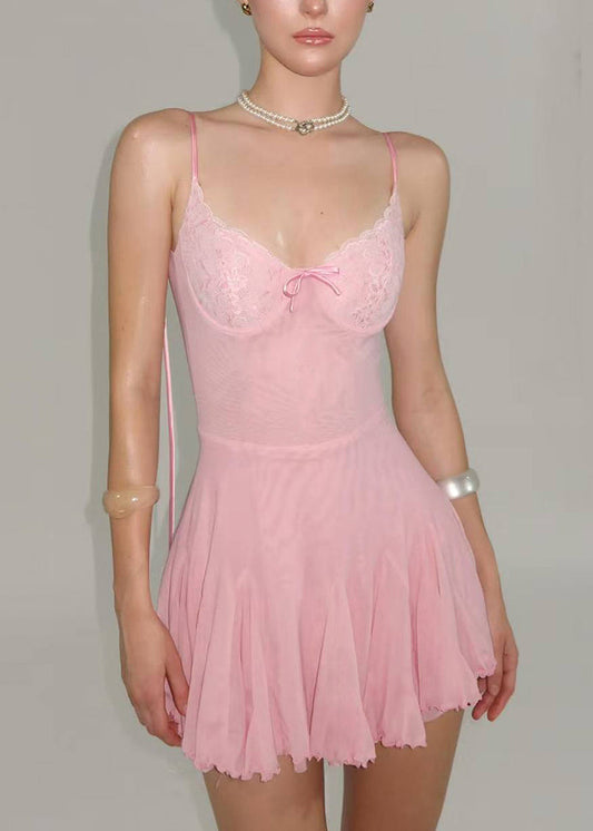 Backless Fitted Mini Lace Patchwork Summer Up Dresses Pink Tulle FashionChic