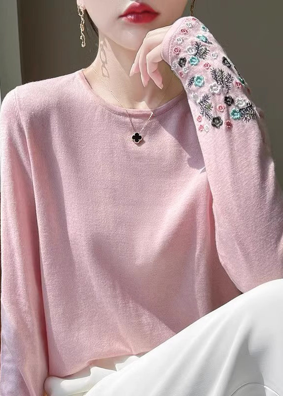 Pink Woolen Embroidered Fitted Spring Thin Sweaters FashionChic