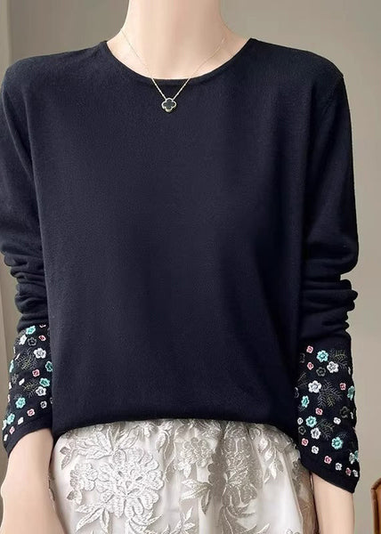 Pink Woolen Embroidered Fitted Spring Thin Sweaters FashionChic