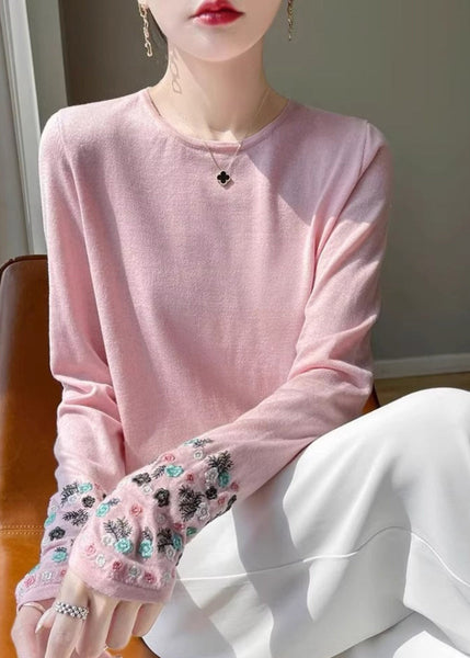 Pink Woolen Embroidered Fitted Spring Thin Sweaters FashionChic