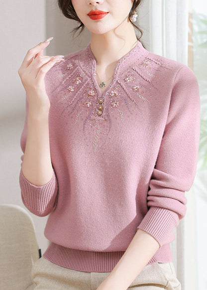 Fitted Pink O Neck Zircon Warm Fleece Knit Sweaters Spring TQ020 ABC
