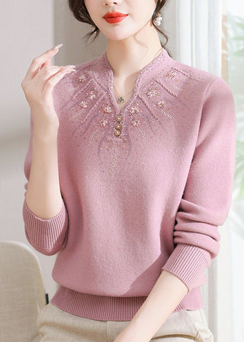 Fitted Pink O Neck Zircon Warm Fleece Knit Sweaters Spring TQ020 ABC