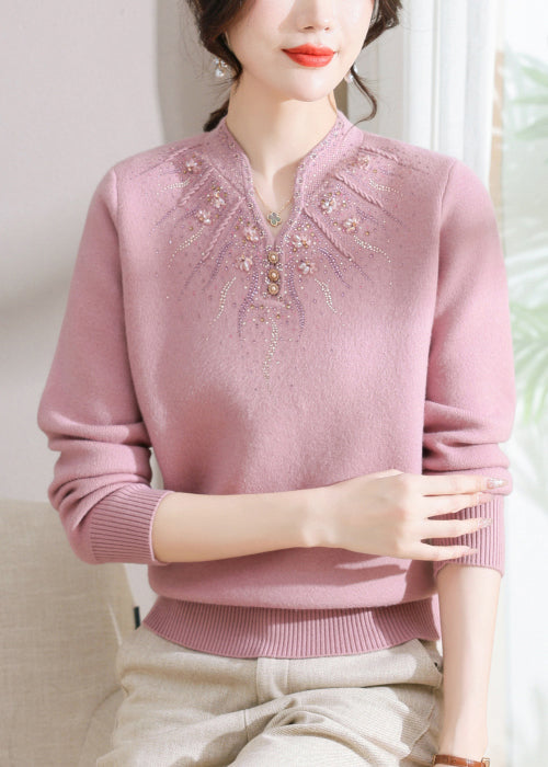 Fitted Pink O Neck Zircon Warm Fleece Knit Sweaters Spring TQ020 ABC