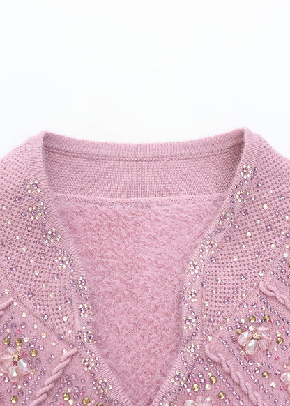 Fitted Pink O Neck Zircon Warm Fleece Knit Sweaters Spring TQ020 ABC