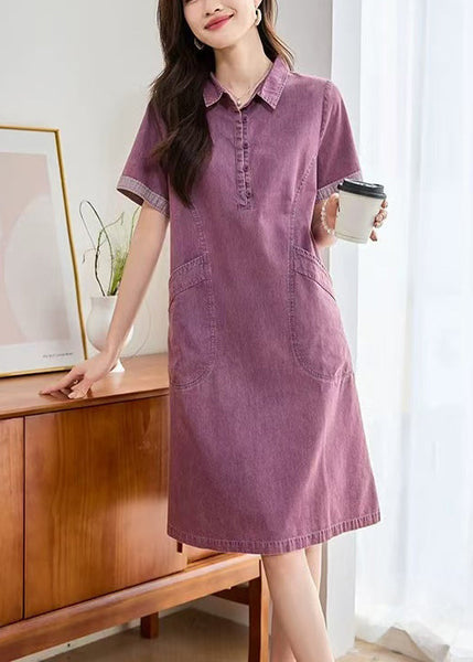 Pan Fitted Peter Day Collar Summer Dress Denim Purple Pockets FashionChic