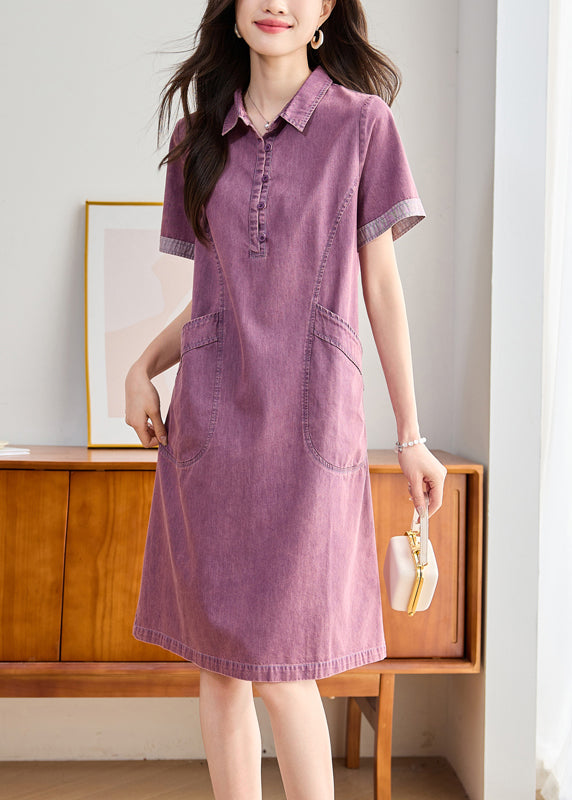 Pan Fitted Peter Day Collar Summer Dress Denim Purple Pockets FashionChic