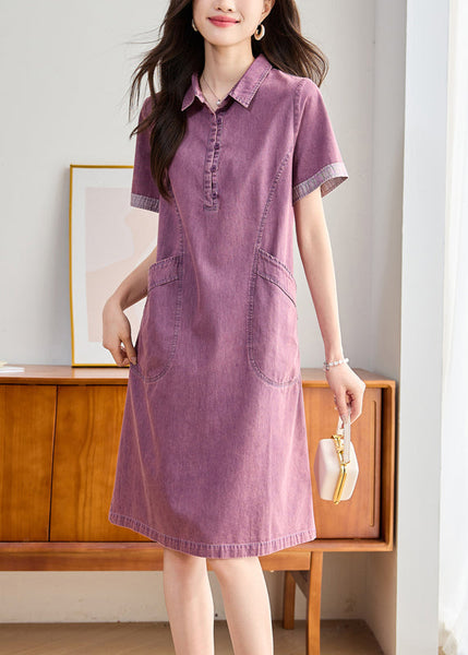 Pan Denim Peter Fitted Pockets Summer Purple Day Dress Collar FashionChic