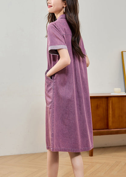 Pan Fitted Peter Day Collar Summer Dress Denim Purple Pockets FashionChic