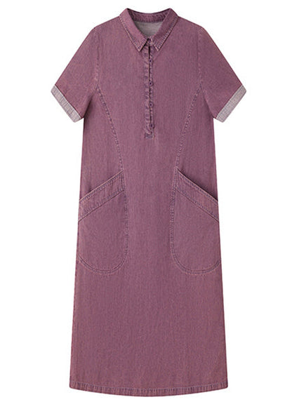 Pan Denim Peter Fitted Pockets Summer Purple Day Dress Collar FashionChic