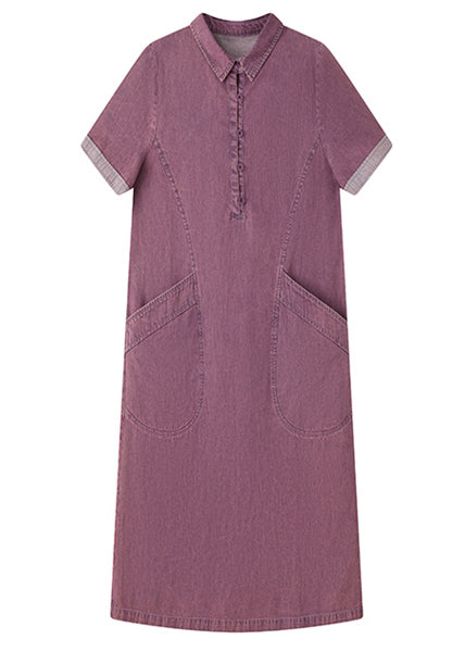 Pan Fitted Peter Day Collar Summer Dress Denim Purple Pockets FashionChic
