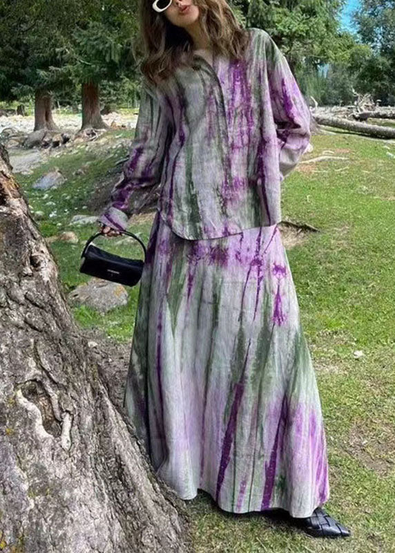 Fitted Purple Peter Pan Collar Tie Dye Shirts And Maxi Skirts Two Piece Set Long Sleeve VB1041 Ada Fashion