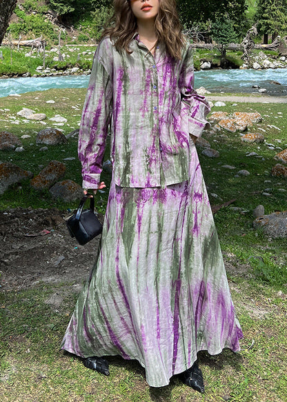 Fitted Purple Peter Pan Collar Tie Dye Shirts And Maxi Skirts Two Piece Set Long Sleeve VB1041 Ada Fashion