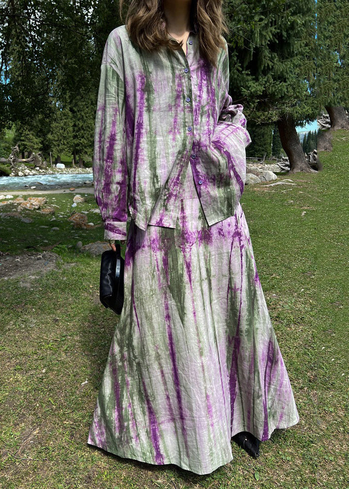 Fitted Purple Peter Pan Collar Tie Dye Shirts And Maxi Skirts Two Piece Set Long Sleeve VB1041 Ada Fashion