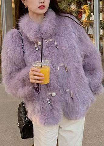 Fitted Purple Stand Collar Button Leather And Fur Coats Winter RD008 ABC