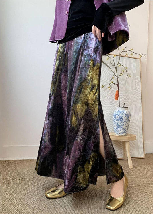 Fitted Purple Tie Dye Side Open Silk Velvet Skirts Spring YK002 ABC