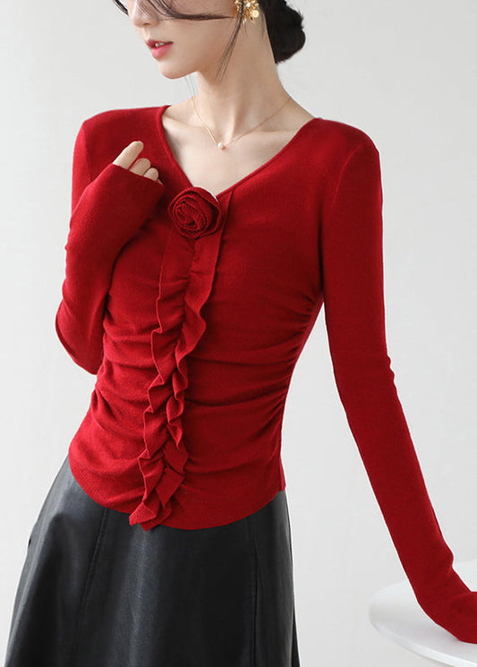 Fitted Red V Neck Ruffled Floral Knit Top Spring RB005 ABC