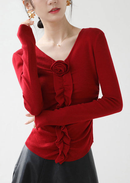 Fitted Red V Neck Ruffled Floral Knit Top Spring TY030