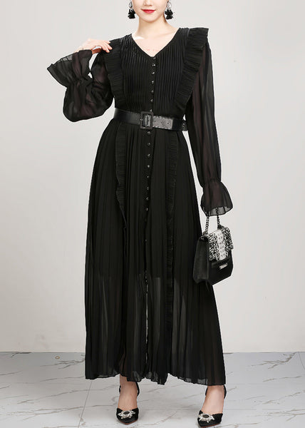 Fitted Rose V Neck Ruffled Patchwork Chiffon Dress Flare Sleeve AY1007 JDML-240828