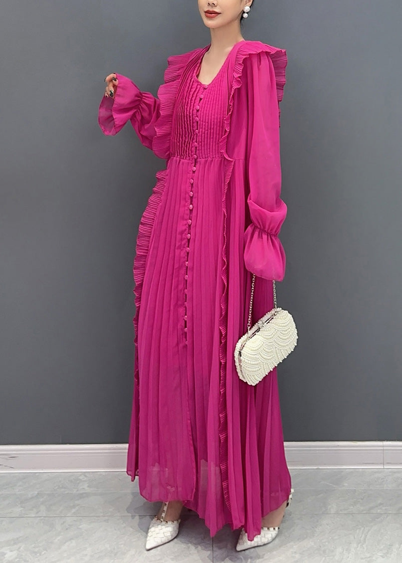 Fitted Rose V Neck Ruffled Patchwork Chiffon Dress Flare Sleeve AY1007 JDML-240828