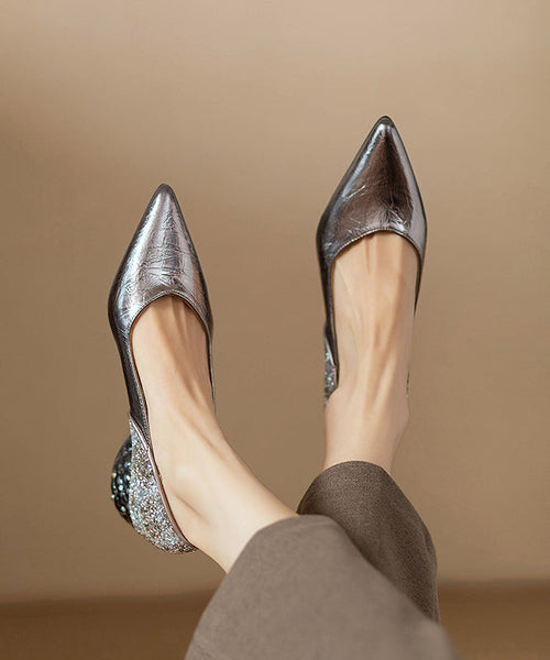 Pointed Silver Toe Heel Faux Chunky Brown Splicing Fitted Leather FashionChic