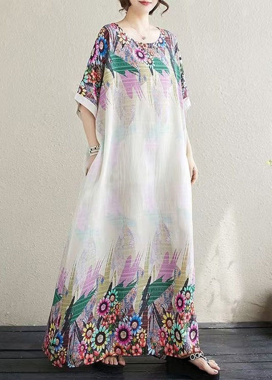 White Print Fitted Sundress Cotton Sleeve Batwing Oversized FashionChic