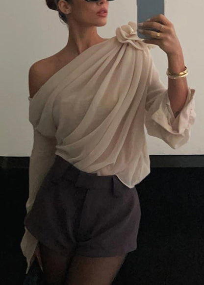 Floral Apricot Cold Shoulder Solid Tulle Top Spring YZ037 ABC