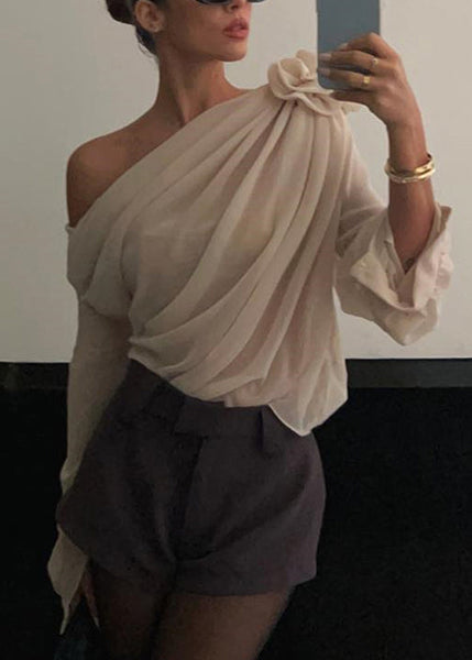 Floral Apricot Cold Shoulder Solid Tulle Top Spring YZ037 ABC