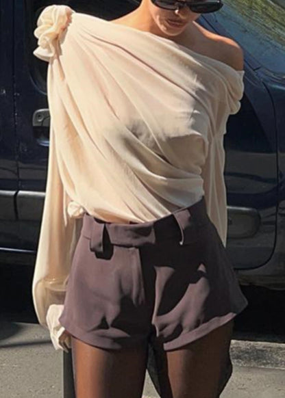 Floral Apricot Cold Shoulder Solid Tulle Top Spring YZ037 ABC