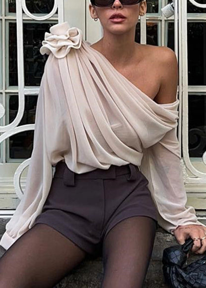 Floral Apricot Cold Shoulder Solid Tulle Top Spring YZ037 ABC