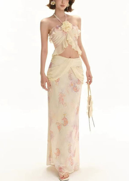 Tank And Floral Pieces Print Two Apricot Chiffon Set Skirts FashionChic