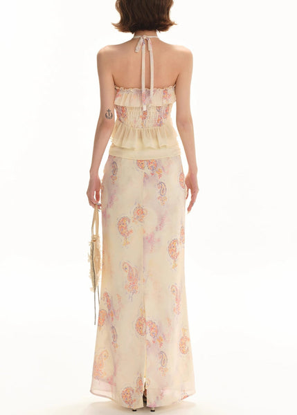 Tank And Floral Pieces Print Two Apricot Chiffon Set Skirts FashionChic