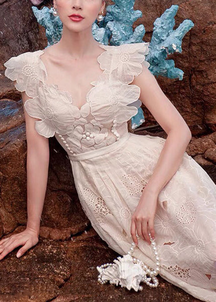 Floral Apricot V Neck Hollow Out Cotton Dresses Sleeveless XX048 SH-LF-SDL240611