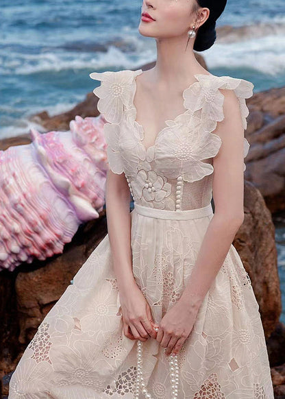 Floral Apricot V Neck Hollow Out Cotton Dresses Sleeveless XX048 SH-LF-SDL240611