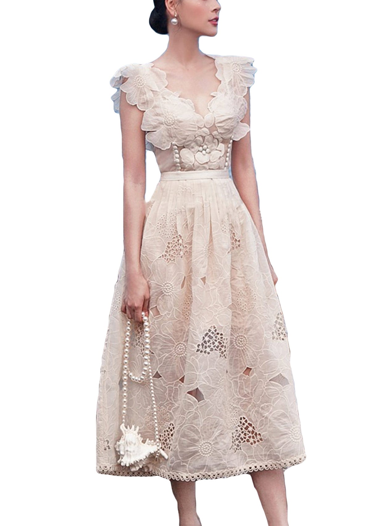 Floral Apricot V Neck Hollow Out Cotton Dresses Sleeveless XX048 SH-LF-SDL240611