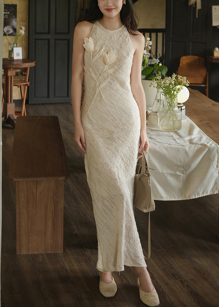 Floral Beige O-Neck Side Open Silk Long Dresses Sleeveless KK035 SH-LF-SDL240602