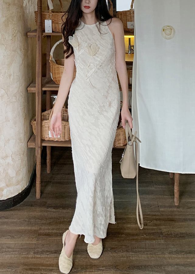 Floral Beige O-Neck Side Open Silk Long Dresses Sleeveless KK035 SH-LF-SDL240602